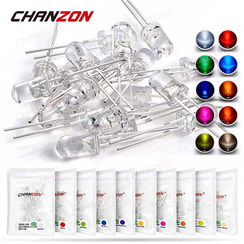Hobby Diy Electronics Kit - 100 ชิ้น 5 มิลลิเมตร LED ไดโอดชุดเปล่งแสงสีขาวอุ่นสีแดงสีฟ้าสีเขียว